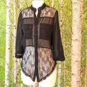 Sheer Black Floral Lace Blouse with Breast Pockets and Elbow Length Sleeves